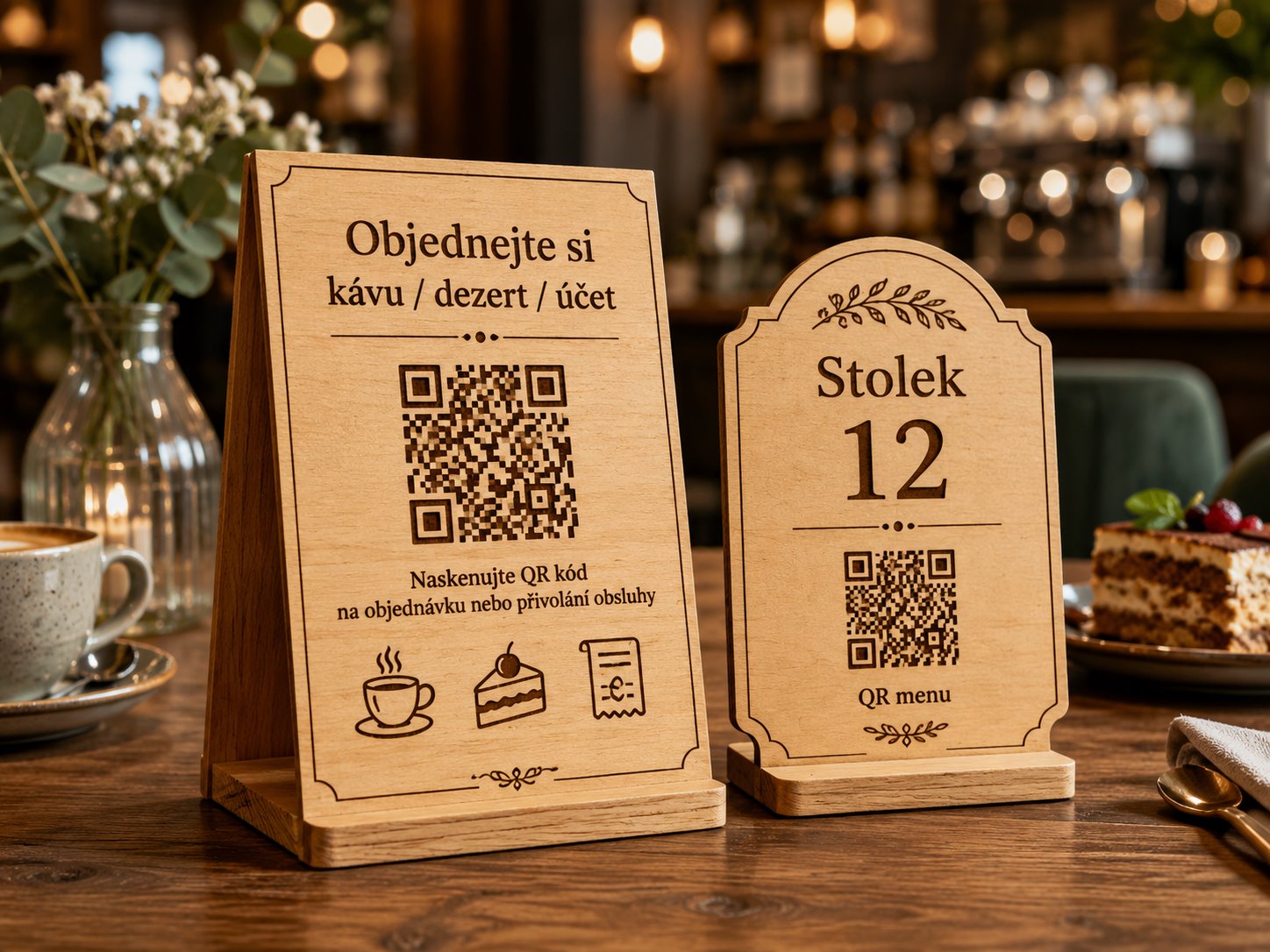 Dřevěné QR cedulky pro menu a objednávku