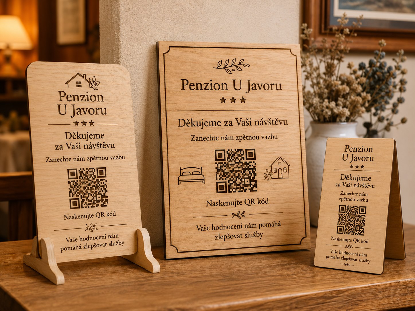 Dřevěné QR cedulky na recenze