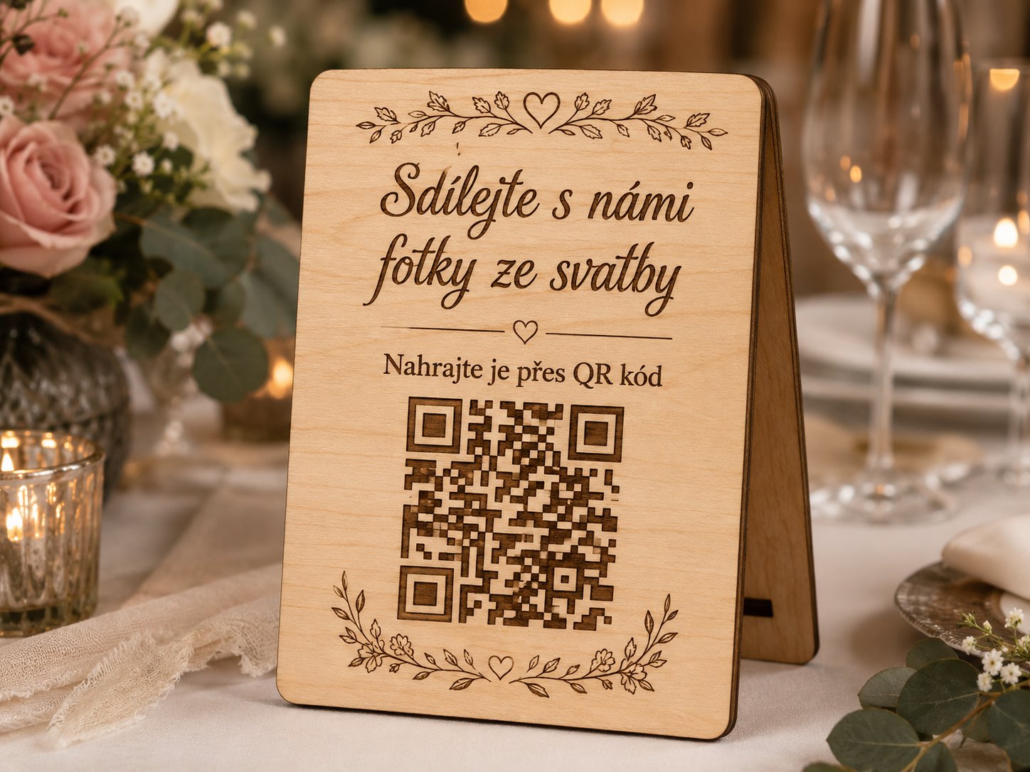 Dřevěná QR cedulka pro sdílení svatebních fotek