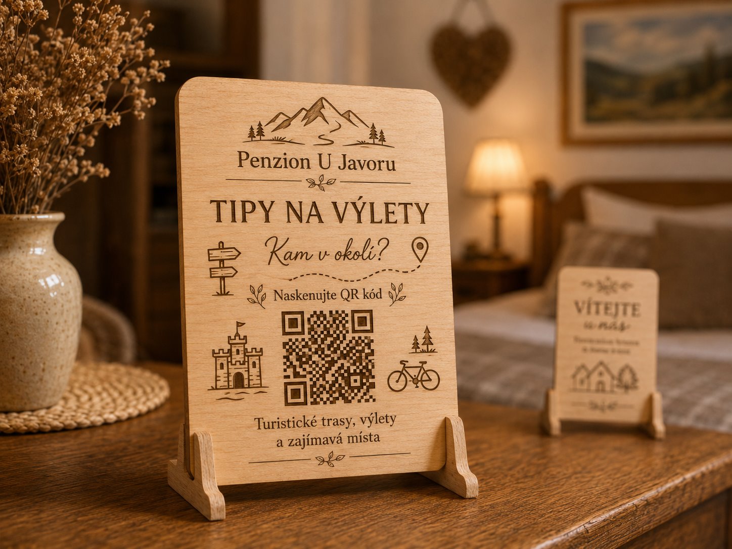 Dřevěná QR cedulka s tipy na výlety