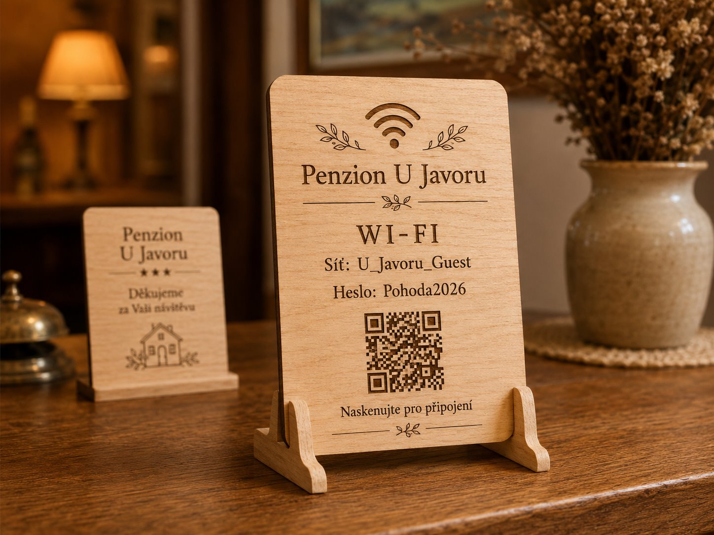 Dřevěná QR cedulka s Wi-Fi připojením